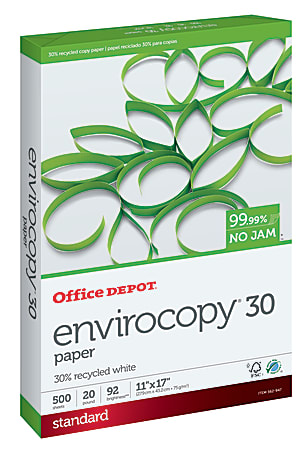 Office Depot® EnviroCopy® Copy Paper, White, Ledger (11" x 17"), 500 Sheets Per Ream, 20 Lb, 92 Brightness, 30% Recycled, FSC® Certified, 651117CPRM