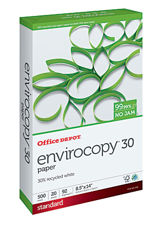 Office Depot® EnviroCopy® Copy Paper, 1 Ream, White, Legal (8.5" x 14"), 500 Sheets Per Ream, 20 Lb, 92 Brightness, 30% Recycled, 654001RM