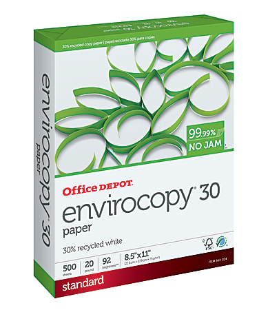 Office Depot® EnviroCopy® Copy Paper, White, Letter (8.5" x 11"), 500 Sheets Per Ream, 20 Lb, 92 Brightness, 30% Recycled, FSC® Certified, 651201CPRM