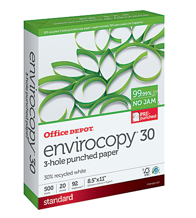 Office Depot® EnviroCopy® 3-Hole Punched Copy Paper, White, Letter (8.5" x 11"), 500 Sheets Per Ream, 20 Lb, 92 Brightness, 30% Recycled, FSC® Certified, 651031CPRM