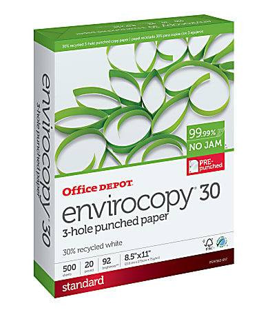 Office Depot® EnviroCopy® 3-Hole Punched Copy Paper, 1 Ream, White, Letter Size, 500 Sheets Per Ream- 651031CPRM