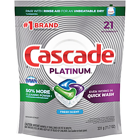 Cascade® Platinum™ ActionPacs™ Dishwasher Detergent Pacs, Fresh Scent, Pack Of 21