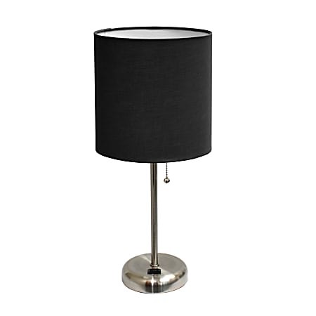 LimeLights Stick Lamp with Charging Outlet and Fabric Shade, 19.5"H, Black/Brushed Steel
