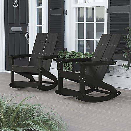 Flash Furniture Finn Modern Commercial Grade All-Weather 2-Slat Poly Resin Rocking Adirondack Chairs, Black, Set Of 2 Chairs