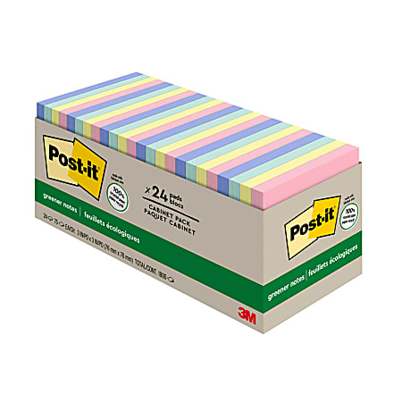 Post-it® Greener Notes, 3 in x 3 in, 24 Pads, 75 Sheets/Pad, Clean Removal, School Supplies and Office Products, Sticky Notes for Vertical Surfaces