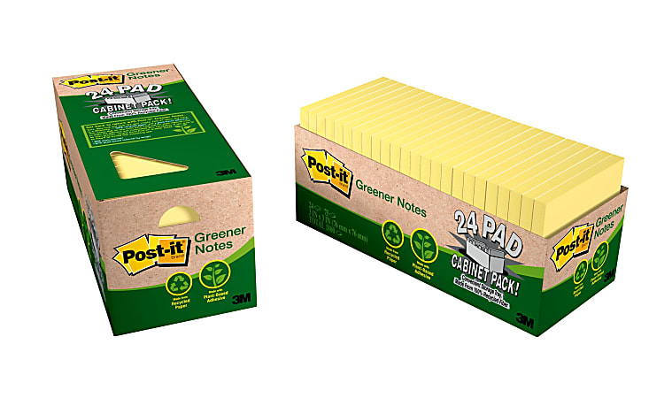 Post-it Greener Notes, 3 in x 3 in, 24 Pads, 75 Sheets/Pad, Clean Removal, Canary Yellow