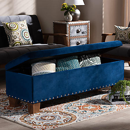 Baxton Studio Modern And Contemporary Velvet Button Tufted Storage Ottoman Bench 17 516 H x 52 316 W x 16 34 D Navy BlueBrown Office Depot