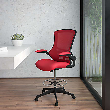 Flash Furniture Mid-Back Mesh Ergonomic Drafting Chair with Adjustable Foot Ring and Flip-Up Arms, Red