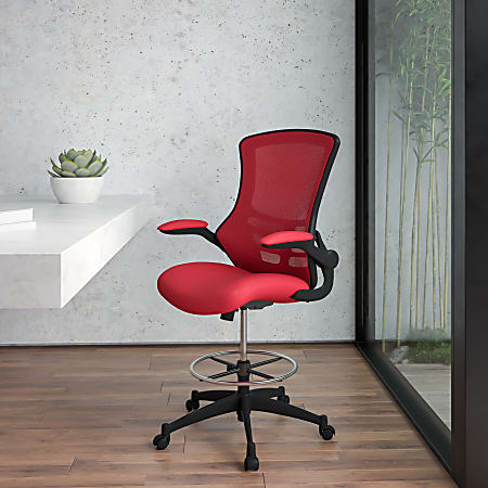 Flash Furniture Mid Back Mesh Ergonomic Drafting Chair with Adjustable Foot Ring and Flip Up Arms Red