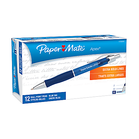 Paper Mate® Apex® Ballpoint Pens, 1.6 mm, Bold Point, Blue Barrel, Blue Ink, Pack Of 12