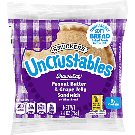 Smucker's Uncrustables Peanut Butter And Grape Jelly Wheat Sandwiches, 2.6 Oz, Pack Of 48 Sandwiches