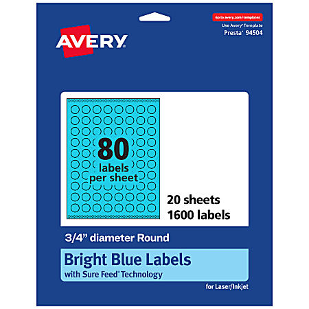 Avery® Print-To-The-Edge Labels With Sure Feed® Technology And Easy Peel® Label Feature, 94504-BBP20, Round, 3/4", Matte Bright Blue, Pack of 1600