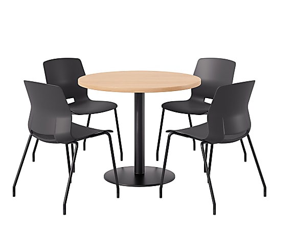 KFI Studios Midtown Pedestal Round Standard Height Table Set With Imme Armless Chairs, 31-3/4”H x 22”W x 19-3/4”D, Maple Top/Black Base/Black Chairs
