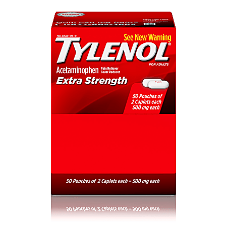 TYLENOL® Extra Strength Caplets, Fever Reducer and Pain Reliever, 500 mg, 2 Caplets Per Packet, Box Of 50 Packets