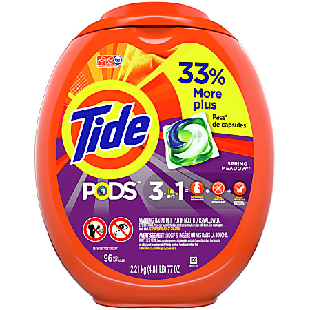 Tide® Single-Use Laundry Detergent Pods, Spring Meadows Scent, Container Of 96 Pods