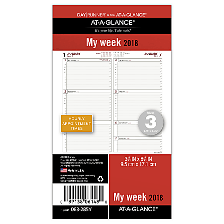AT-A-GLANCE® Day Runner® Planner Refill, Weekly, 3 3/4" x 6 3/4", January to December 2018 (063-285Y-18)