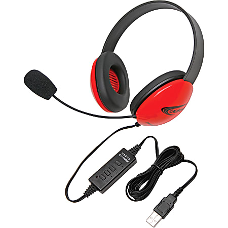 Califone Red Stereo Headphone w/ Mic, USB Connector - Stereo - USB - Wired - 32 Ohm - 20 Hz - 20 kHz - Over-the-head - Binaural - Supra-aural - 5.50 ft Cable - Electret Microphone - Red