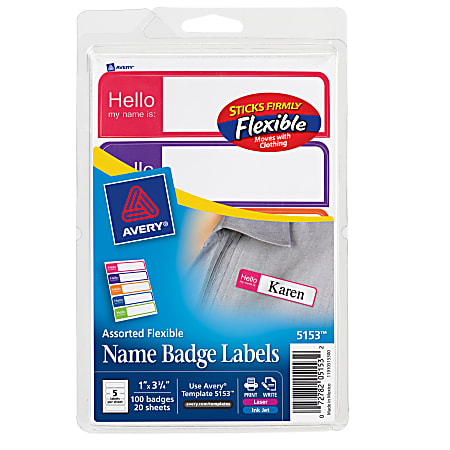 Avery® Name Badge Labels, 3 1/2" x 1 1/4", White/Assorted Borders, Pack Of 20