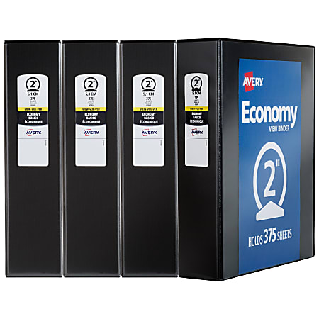 Avery® Economy View 3 Ring Binders, 2" Round Rings, Black, Pack Of 4