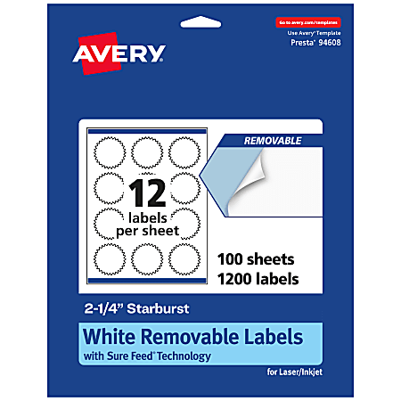 Avery® Removable Labels With Sure Feed®, 94608-RMP100, Starburst, 2-1/4", White, Pack Of 1,200 Labels