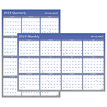 AT-A-GLANCE® Vertical/Horizontal Erasable Yearly Wall Planner, 36" x 24", Blue, January to December 2019