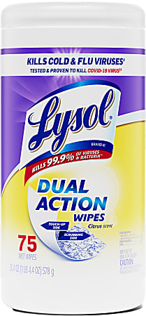 Lysol® Dual-Action Disinfecting Wipes, Citrus Scent, 7" x 8", Container Of 75