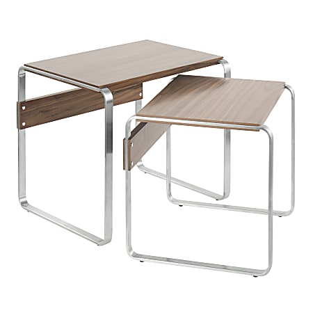 Lumisource Tea Side Mid-Century Modern Nesting Tables, Rectangular, Walnut/Stainless Steel, Set Of 2 Tables
