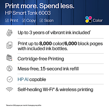 HP Smart Tank 6003 Wireless All in One Cartridge free Ink Tank