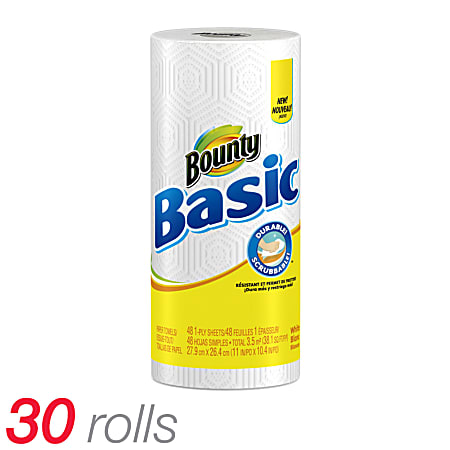 Bounty® Basic Paper Towels, White, 48 Sheets Per Roll, Case Of 30 Rolls