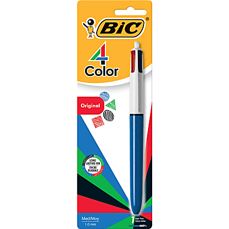 BIC 4 Colours Clip-On Retractable Ballpoint Pen – 1mm Tip 0.4 Width,  Black/Blue/Red/Green, Smooth Sliders, Chunky Barrel, PVC & Refillable Ink