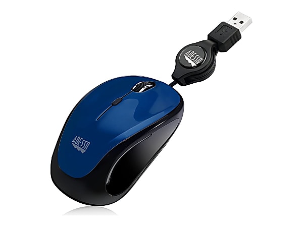 Adesso® iMouse S8L USB Illuminated Retractable Mini Optical Mouse, Blue
