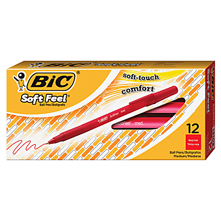 BIC® Soft Feel® Stick Pens, Medium Point, 1.0 mm, Red Barrel, Red Ink, Pack Of 12