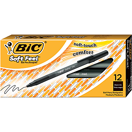 BIC® Soft Feel® Stick Pens, Medium Point, 1.0 mm, Black Barrel, Black Ink, Pack Of 12