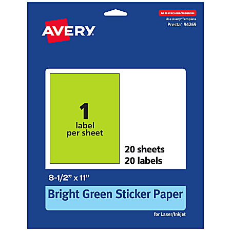 Avery® Printable Sticker Paper, 94269-BGP20, Rectangle, 8-1/2" x 11", Matte Bright Green, Pack of 20