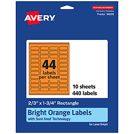 Avery® Print-To-The-Edge Labels With Sure Feed® Technology And Easy Peel®, 94209-BOP10, Rectangle, 2/3" x 1-3/4", Matte Bright Orange, Pack of 440