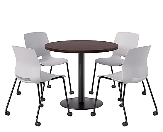 KFI Studios Proof Cafe Round Pedestal Table With Imme Caster Chairs, Includes 4 Chairs, 29”H x 36”W x 36”D, Cafelle Top/Black Base/Light Gray Chairs