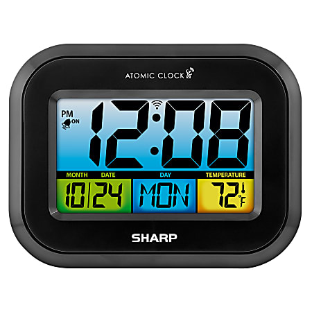 Sharp Atomic Alarm Clock With Calendar And Indoor Temperature Display, 5&rdquo;H x 1&rdquo;W x 6-1/2&rdquo;D, Black