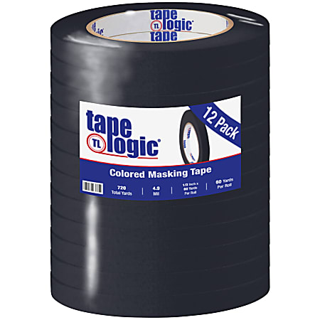 Tape Logic® Color Masking Tape, 3" Core, 0.5" x 180', Black, Case Of 12