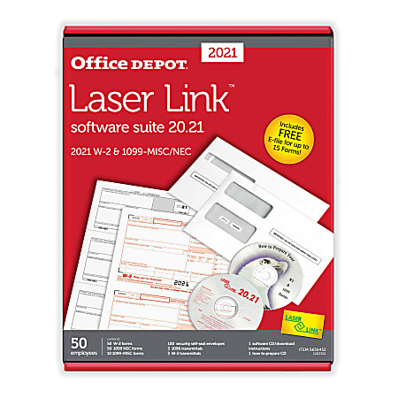 Office Depot® Brand W-2/1099 Laser Form Sets And Envelopes With Software, 6-Part/4-Part, 8-1/2" x 11", Pack Of 50 Form Sets