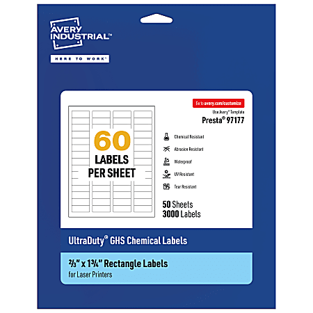 Avery® Ultra Duty® Permanent GHS Chemical Labels, 97177-WMU50, Rectangle, 2/3" x 1-3/4", White, Pack Of 3,000