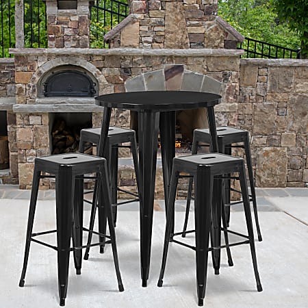 Flash Furniture Commercial-Grade Round Metal Indoor/Outdoor Bar Table Set With 4 Square-Seat Backless Stools, Black