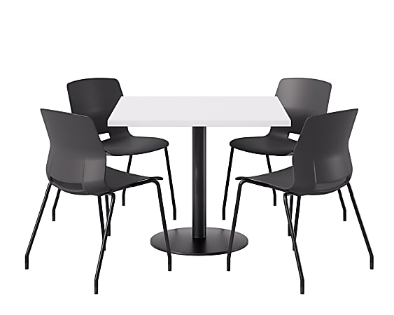 KFI Studios Proof Cafe Pedestal Table With Imme Chairs, Square, 29”H x 36”W x 36”W, Designer White Top/Black Base/Black Chairs