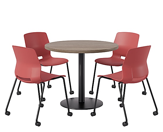 KFI Studios Proof Cafe Round Pedestal Table With Imme Caster Chairs, Includes 4 Chairs, 29”H x 36”W x 36”D, Studio Teak Top/Black Base/Coral Chairs