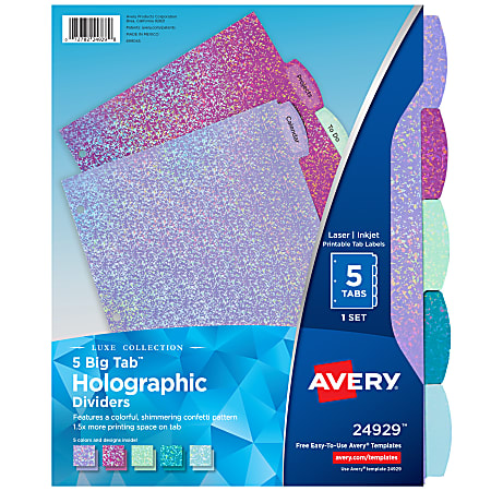 Avery&reg; Luxe Collection Big Tab&trade; Fashion Dividers For 3-Ring Binders, 5 Tab Set, Holographic Confetti Pattern, 1 Set