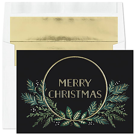 Custom Embellished Christmas Holiday Cards And Foil Envelopes, 7-7/8" x 5-5/8", Merry Sprigs, Box Of 25 Cards