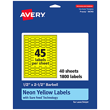 Avery® Printable Labels With Sure Feed® Technology, 94749-NYP40, Barbell, 1/2" x 2-1/2", Matte Neon Yellow, Pack of 1800
