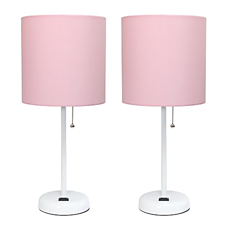 LimeLights Stick Desktop Lamps With Charging Outlets, 19-1/2", Pink Shade/White Base, Set Of 2 Lamps