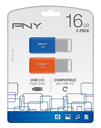 PNY USB 2.0 Flash Drives,16GB, Assorted, Pack Of 2