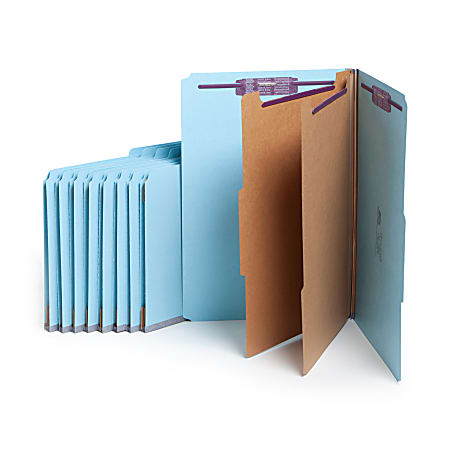 Smead® Classification Folders, Top-Tab With SafeSHIELD® Coated Fasteners, 2" Expansion, Legal Size, 50% Recycled, Blue, Box Of 10