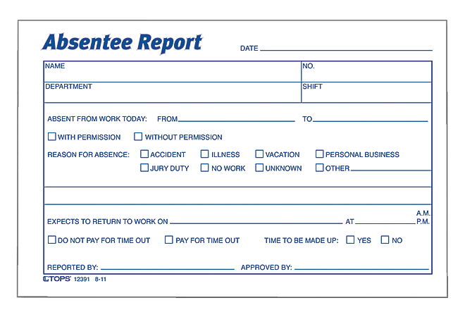 TOPS® Absentee Report, 6" x 4", Pack Of 100